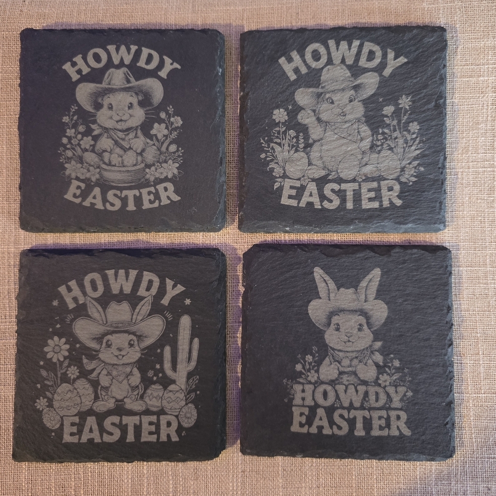 Easter is Coming! Howdy Easter Bunny Slate Coaster Set - Black & Gray